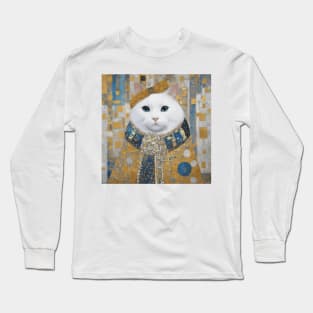 White Klimt Cat with Blue Eyes and Knitted Scarf Long Sleeve T-Shirt